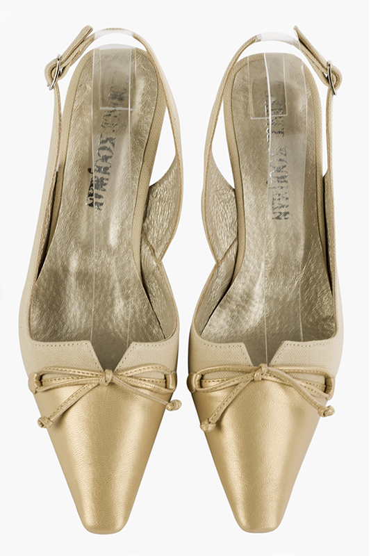 Gold and sand beige women's open back shoes, with a knot. Tapered toe. Medium spool heels. Top view - Florence KOOIJMAN